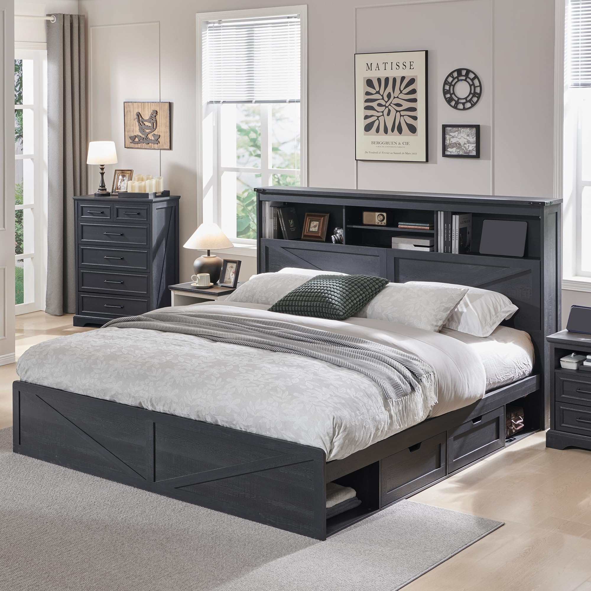 King Size Bed Frame With Storage Drawers - Struttura letto matrimoniale in stile rustico,