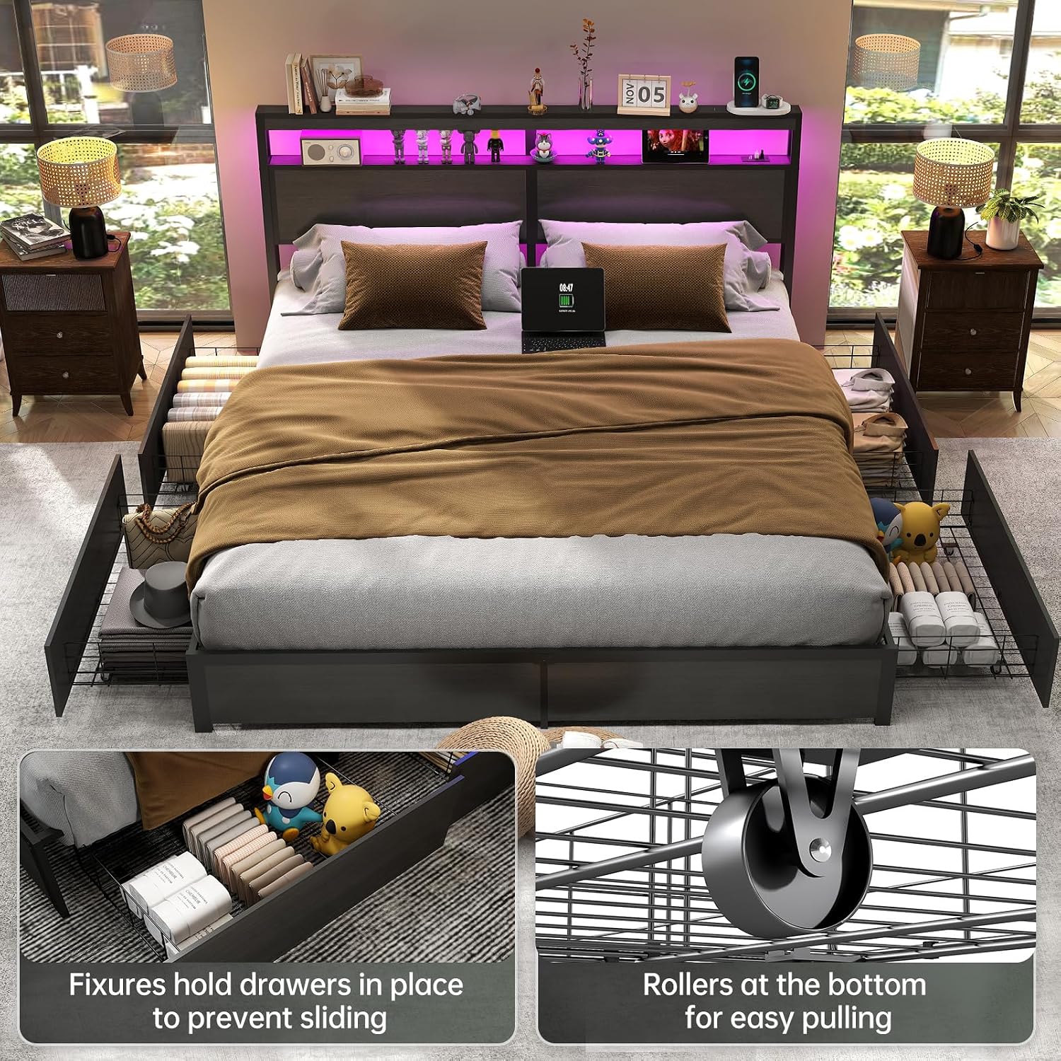King Size Bed Frame With Storage Drawers - Letto matrimoniale con testiera illuminata a